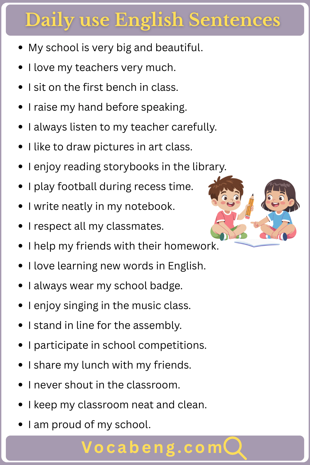 100 Daily use English Sentences for Class 3