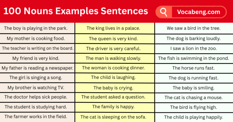 100 Nouns Examples Sentences in English with images