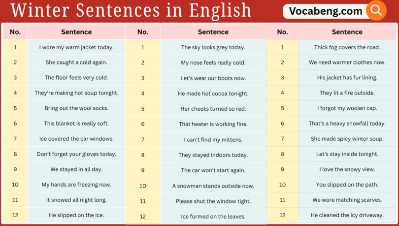 100 Winter Sentences in English with Their Pictures