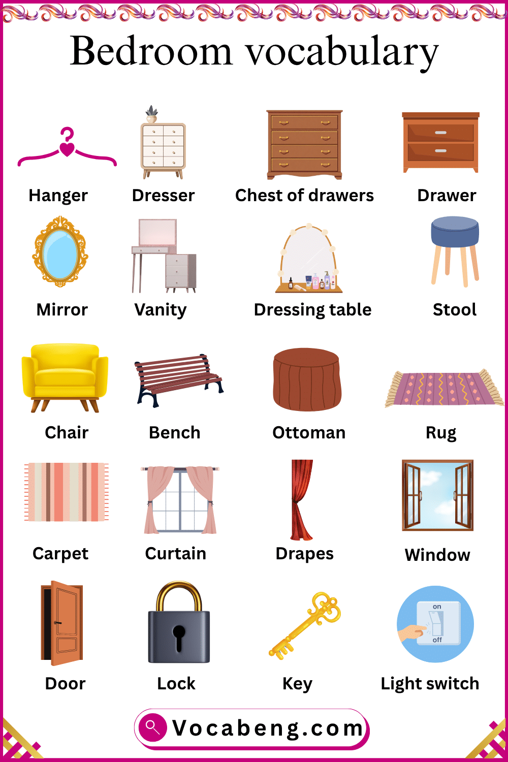 Basic Bedroom Items and Pictures