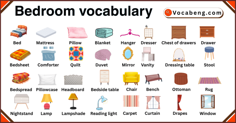 Bedroom Items vocabulary in English with their Pictures