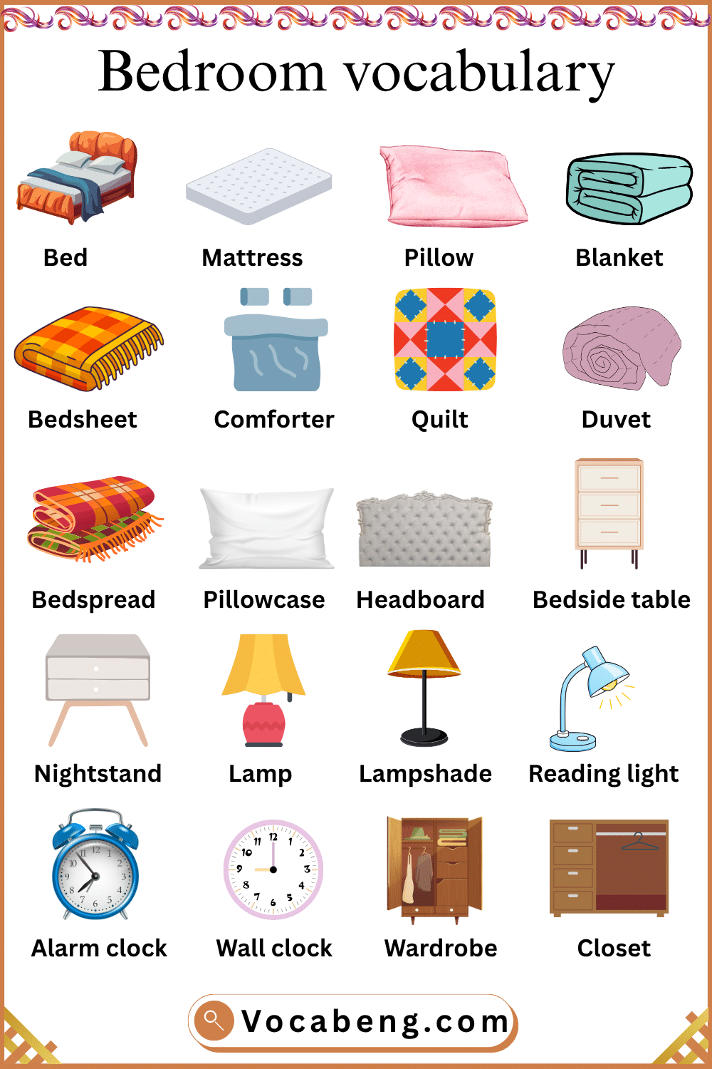 Bedroom Items vocabulary with their Pictures