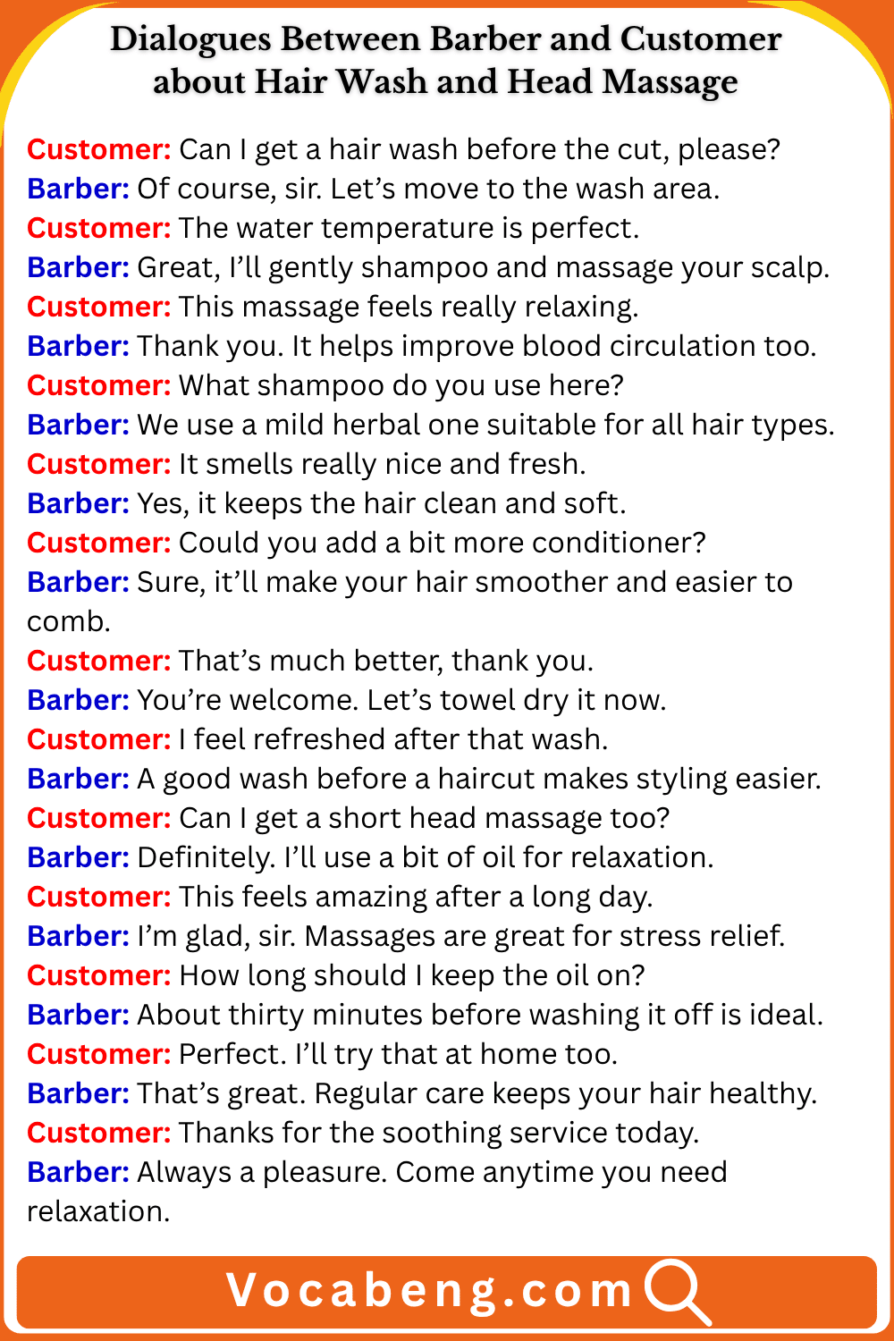 Dialogues Between Barber and Customer about Hair Wash and Head Massage