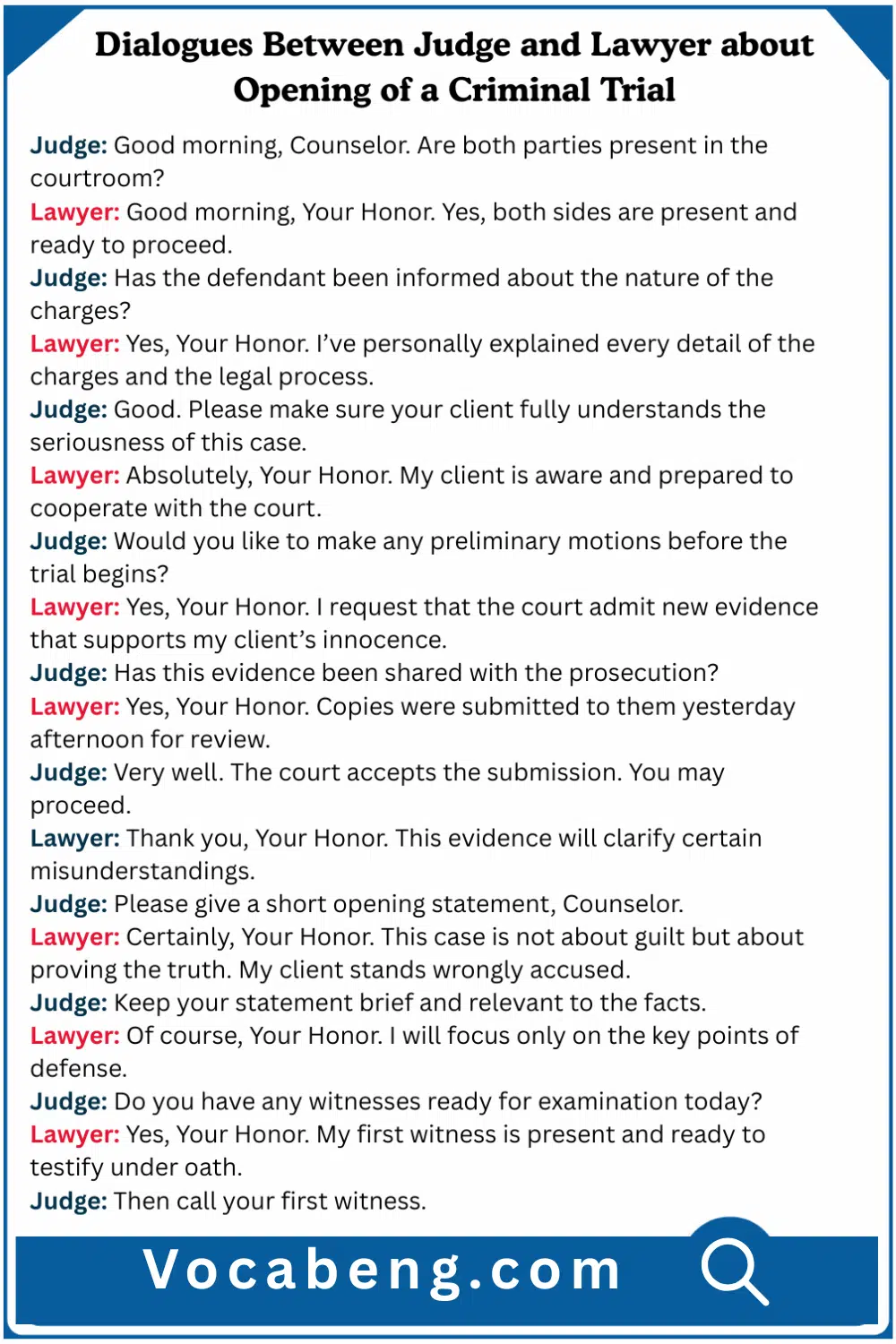 Dialogues Between Judge and Lawyer about Opening of a Criminal Trial