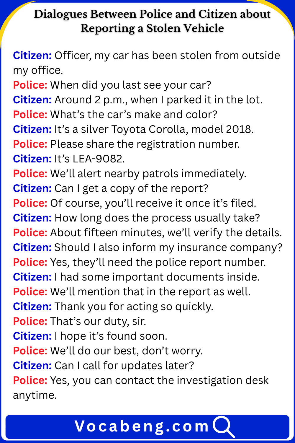 Dialogues Between Police and Citizen about Reporting a Stolen Vehicle