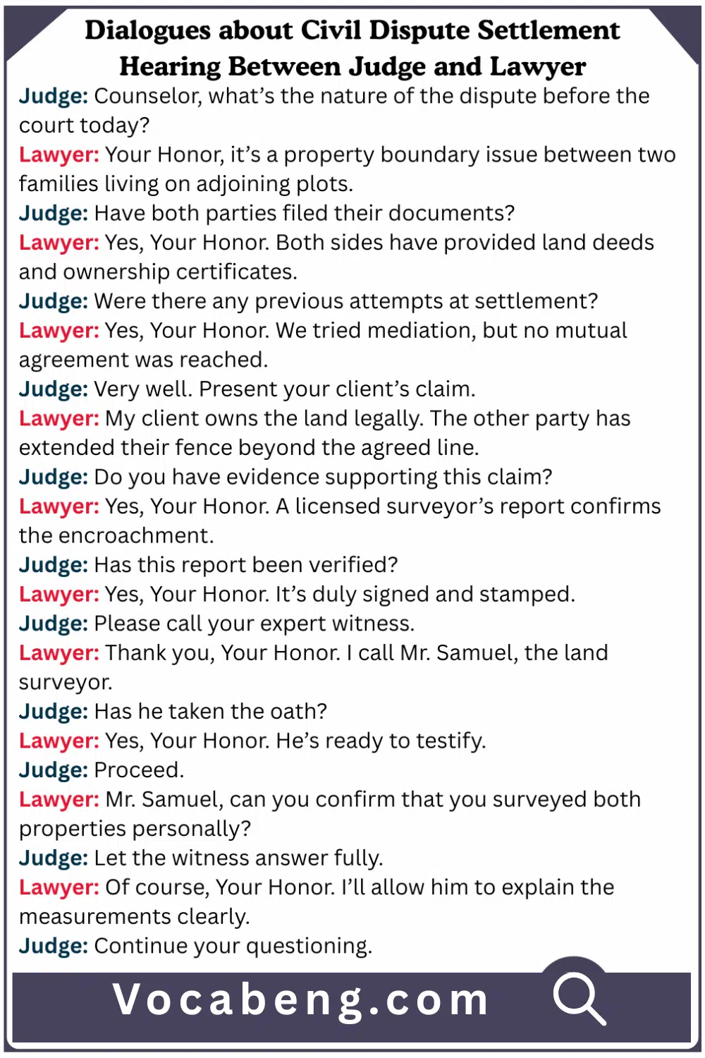 Dialogues about Civil Dispute Settlement Hearing Between Judge and Lawyer