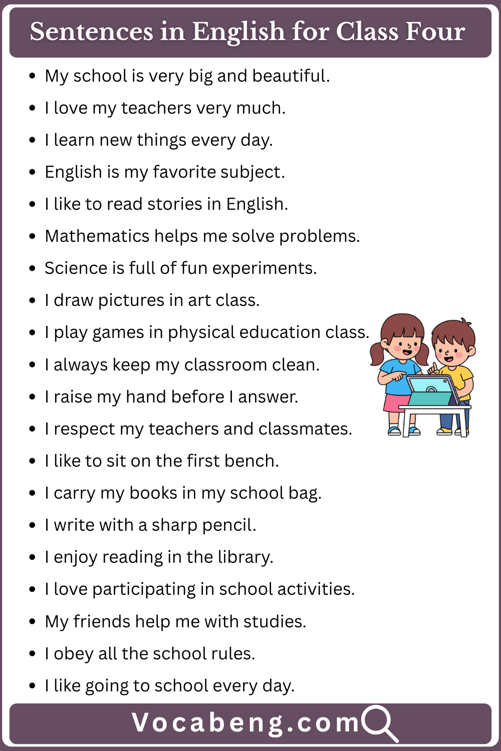 English Sentences for Grade Four Students