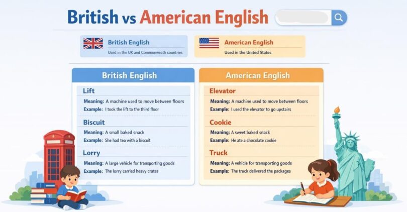 Learn British and American words List with Meanings and Example