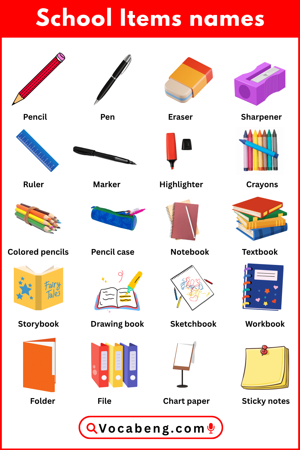 School things vocabulary in English for kids