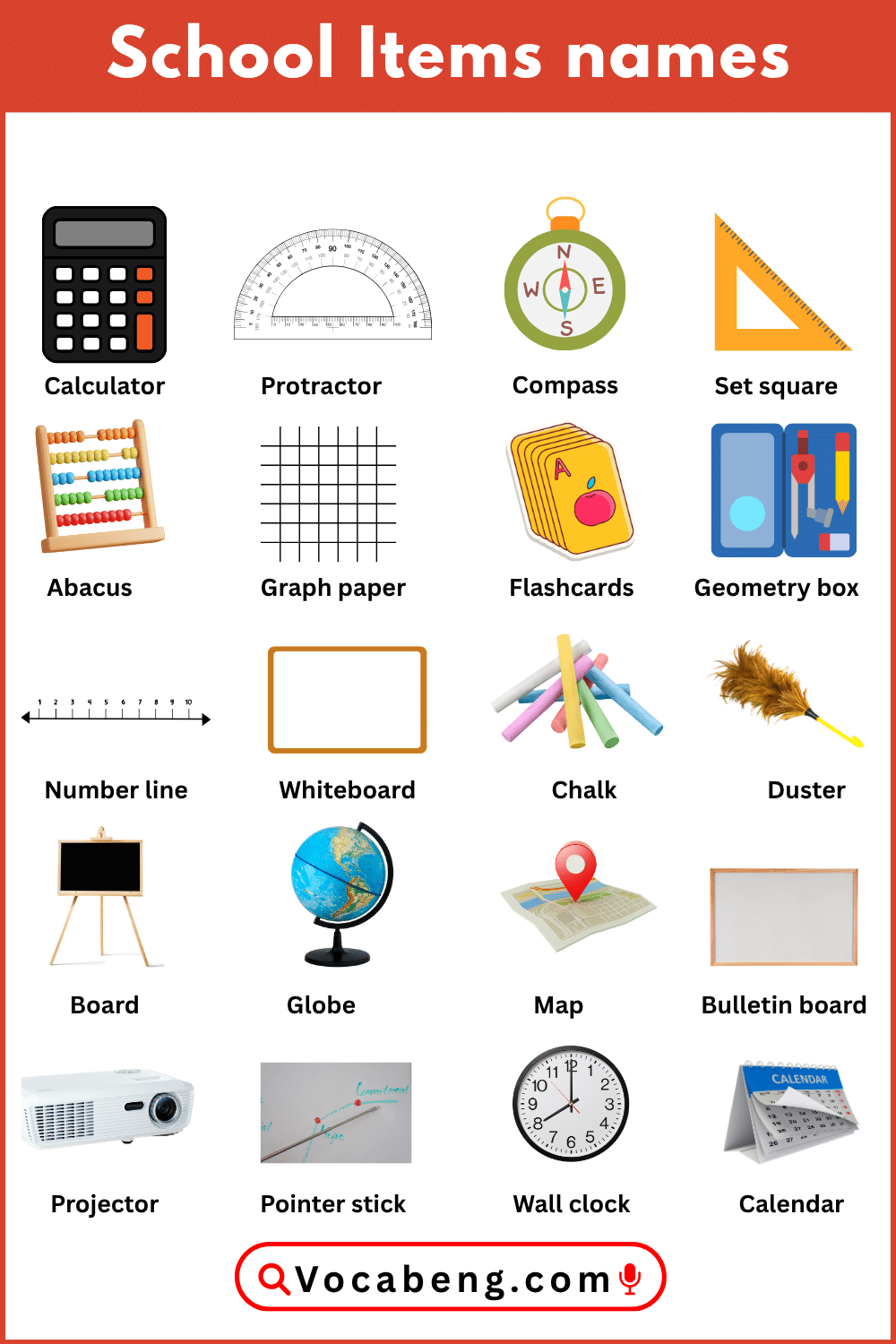School Things Names Vocabulary List for Kids