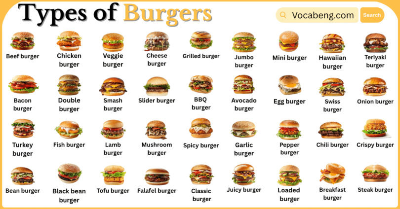 Types of Burgers with Names in English with Pictures