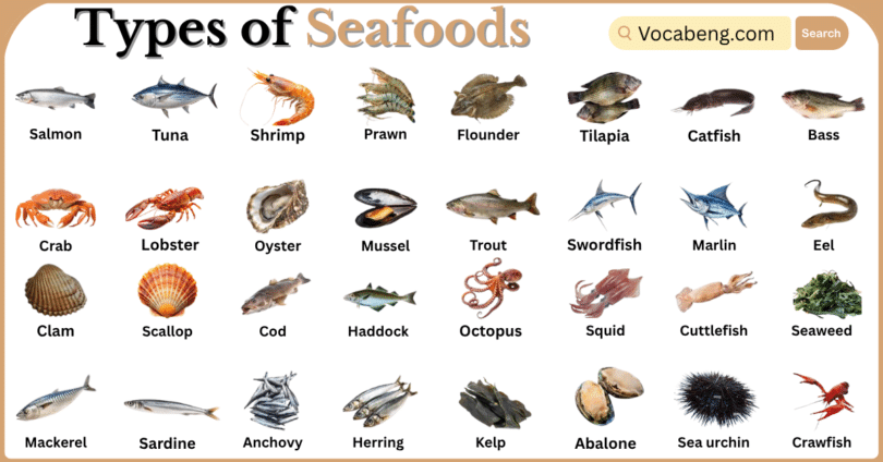 Types of Seafoods with Names in English with Pictures