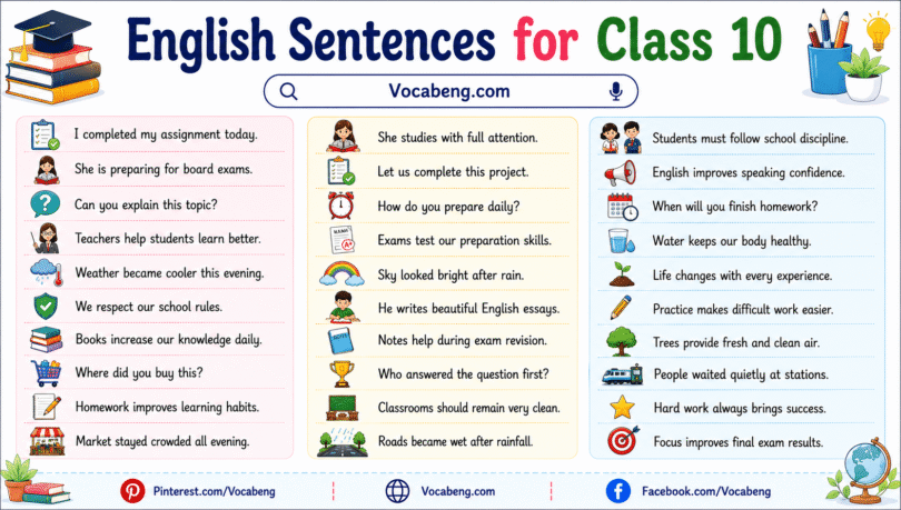 100 English Sentences for Class 10 PDF with Their Pictures