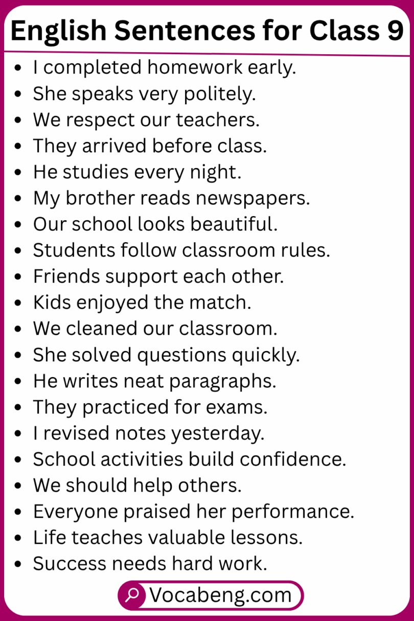 100 English Sentences for Class 9 with Their Pictures - vocabeng.com