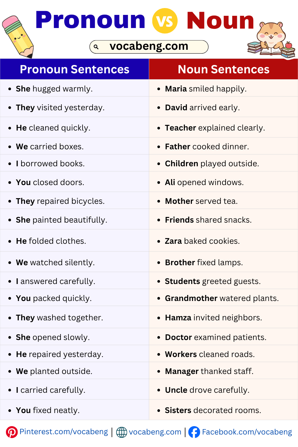 Daily Use Pronoun vs Noun Examples Sentences