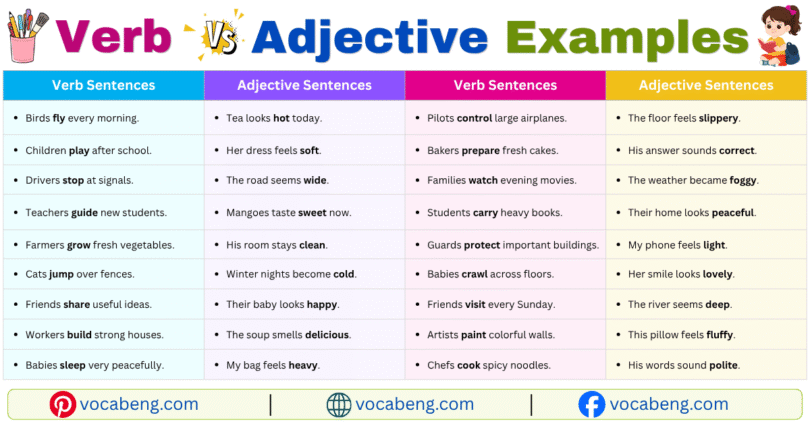 Verb vs Adjective Examples Sentences in English with Pictures